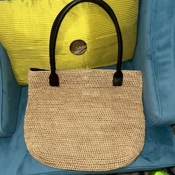 Helen Kaminski Woven Raffia Straw Tote Bag Brown Leather Handles Summer Purse - Picture 1 of 7